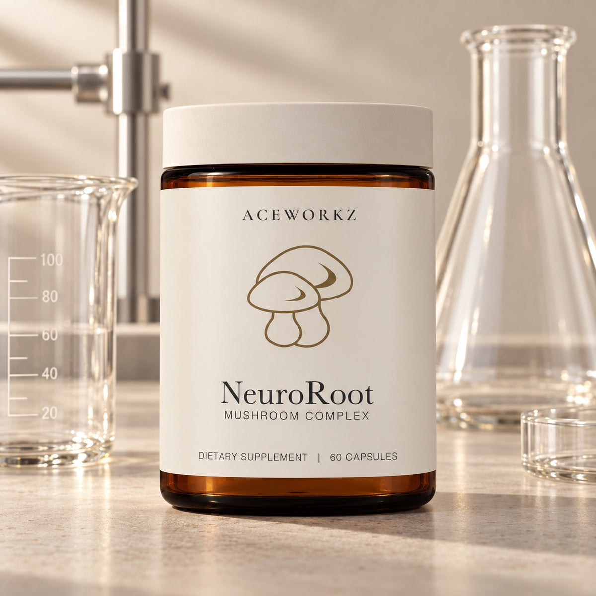 NeuroRoot bottle with laboratory glassware — staged editorial illustration
