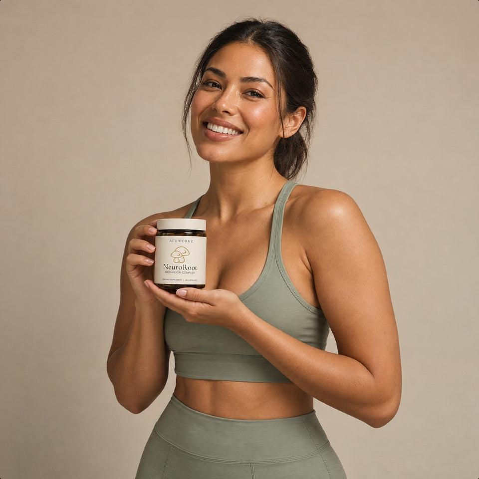 Woman in sage activewear holding an ACEWORKZ NeuroRoot jar
