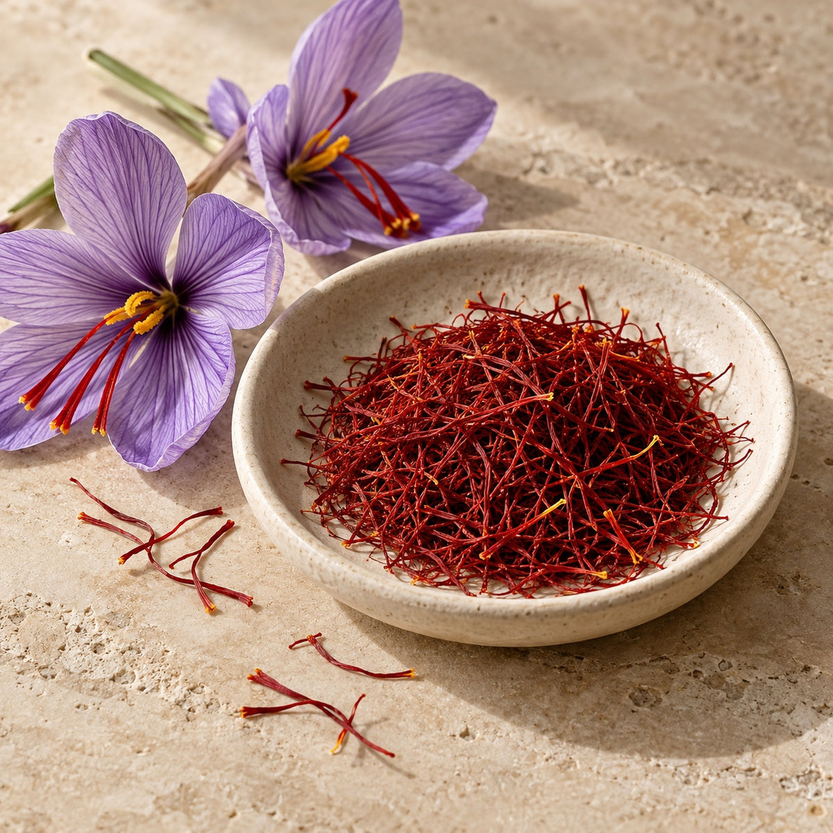 Saffron threads in an ivory dish beside purple crocus flowers